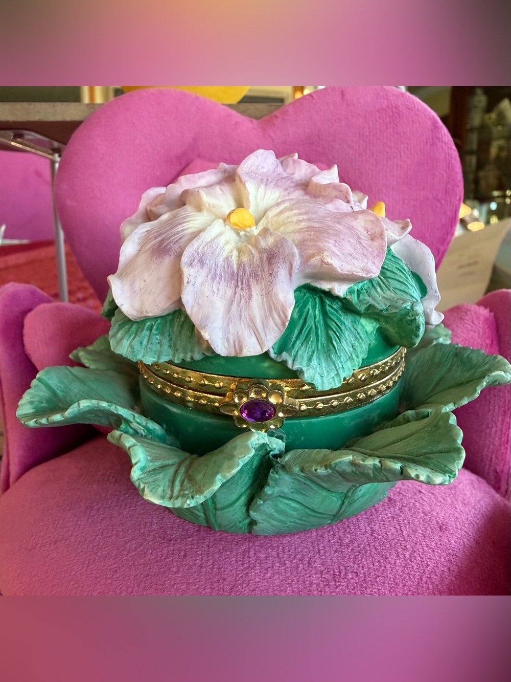 Vintage Avon February Birthstone Green Floral Trinket Box with Pink Flower Lid